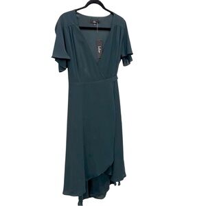 New Lulus Dark Green High Low Wrap Dress w Flutter Sleeves Midi Large NWT